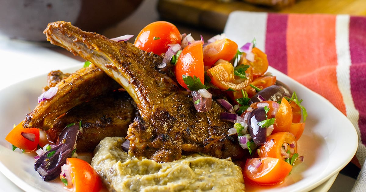Spiced Lamb Cutlets with Eggplant Purée & Tomato Olive Salad
