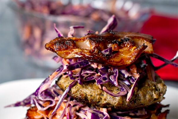 Paleo Beef Burgers With Mustard & Bacon + Red Cabbage Slaw