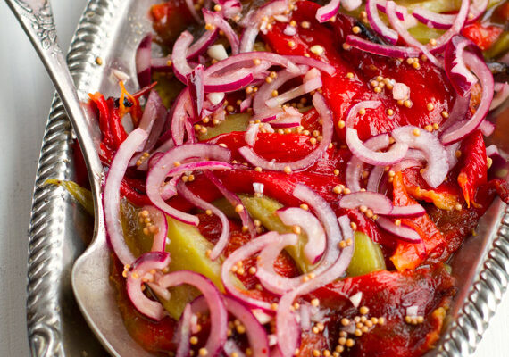 Roasted peppers with pickled onions