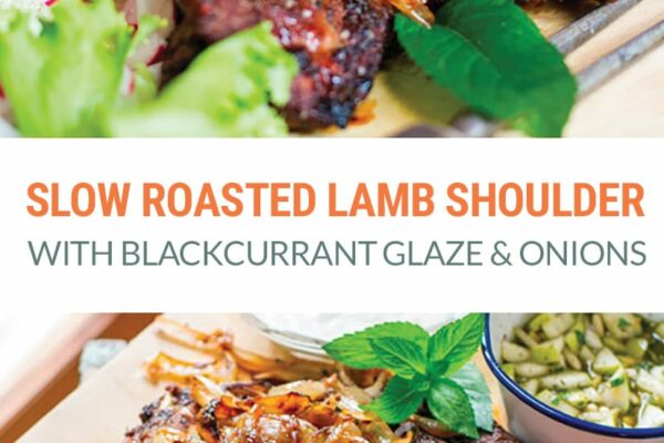 Slow cooked roast lamb with blackcurrant glaze