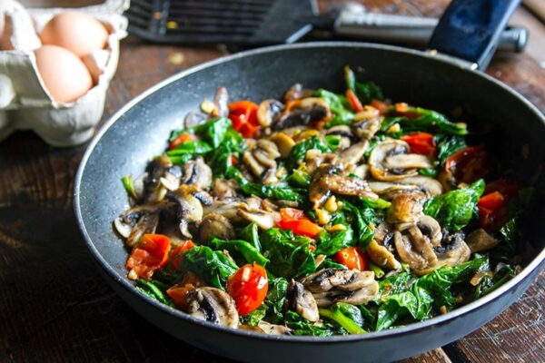 Mushroom & Spinach Fry Up With Cherry Tomatoes With Eggs