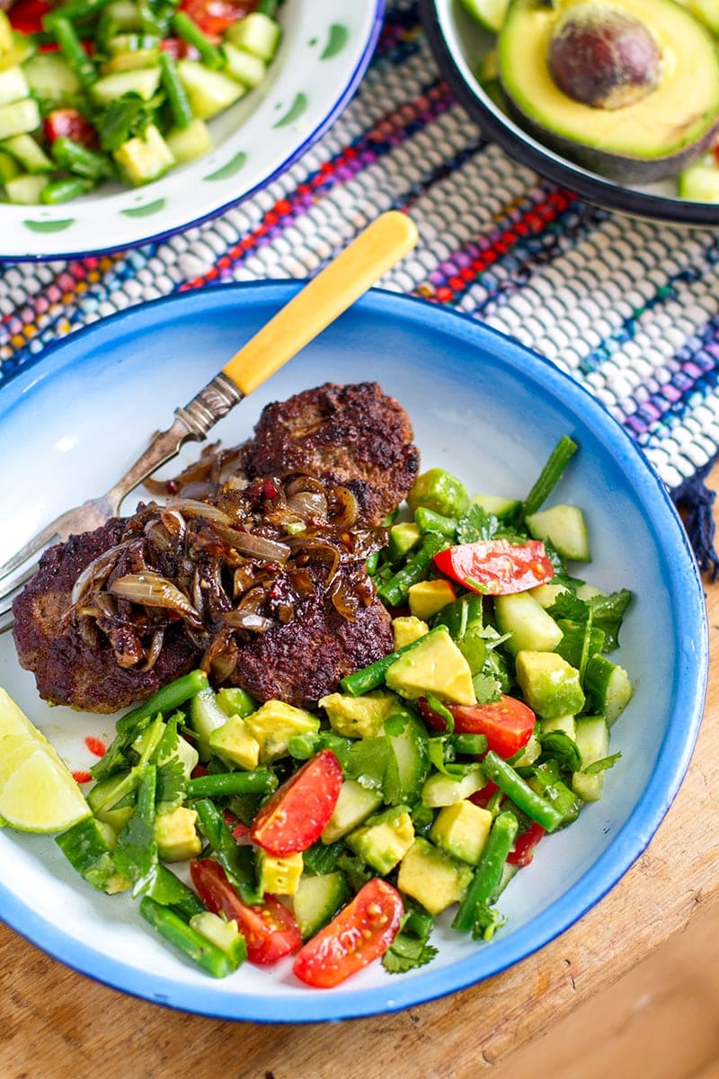 Healthy Beef Burger Patties With Jerk Onions & Avocado Green Bean Salad