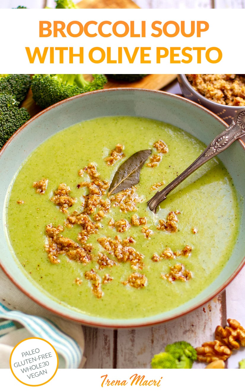 Sopa de brócoli con pesto de aceitunas (Paleo, Whole30, vegan)