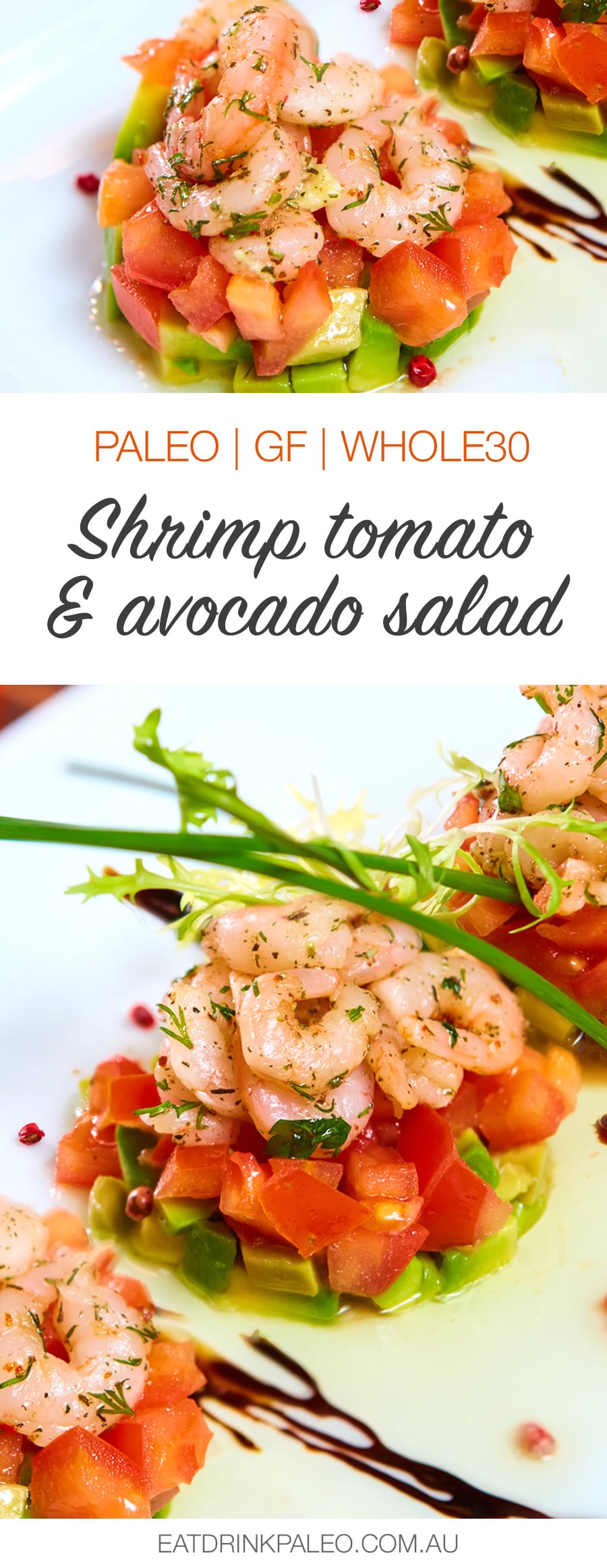 Festive Shrimp Avocado & Tomato Salad Stacks (photo by Andriy Sarymsakov) - perfect as a Christmas or dinner party appetizer or starter, this dish is paleo, gluten-free, low-carb, and Whole30 friendly