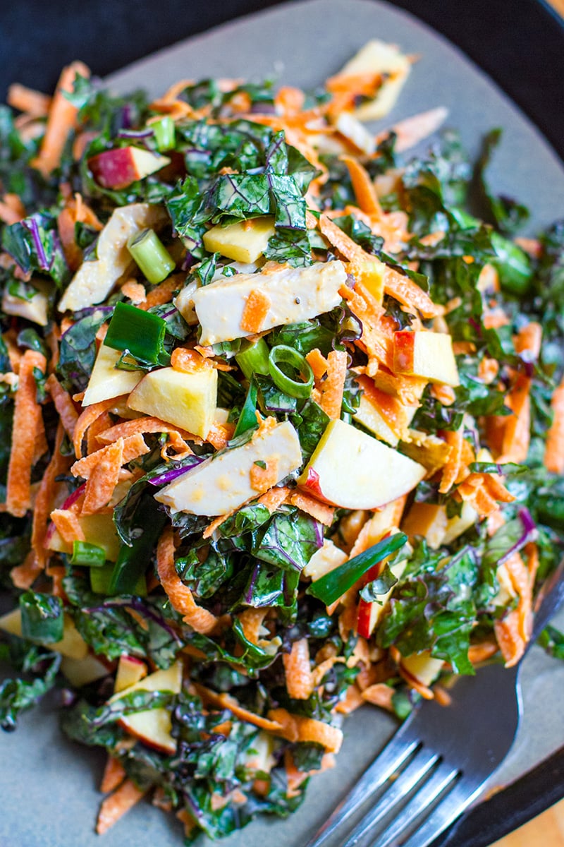 Kale salad with chicken, apple, carrots and mayonnaise