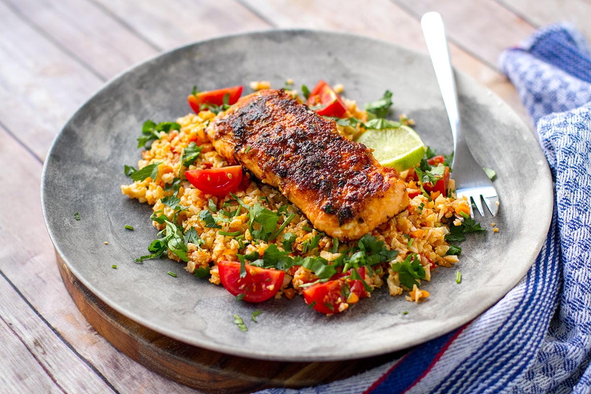 Cajun Lime Honey Salmon With Tomato Cauliflower Rice