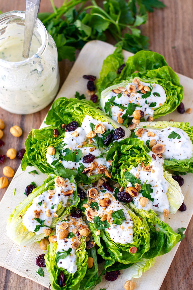 Lettuce Salad With Yogurt Ranch, Toasted Hazelnuts and Dried Cranberries