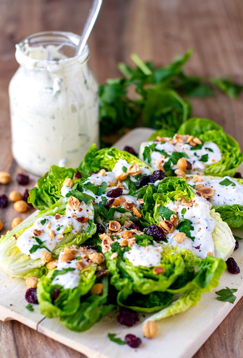Lettuce Salad With Yogurt Ranch, Toasted Hazelnuts and Dried Cranberries