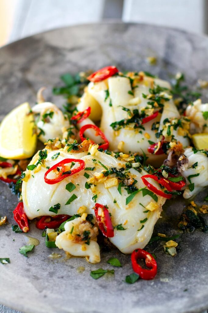 Grilled Squid With Garlic, Chili & Parsley