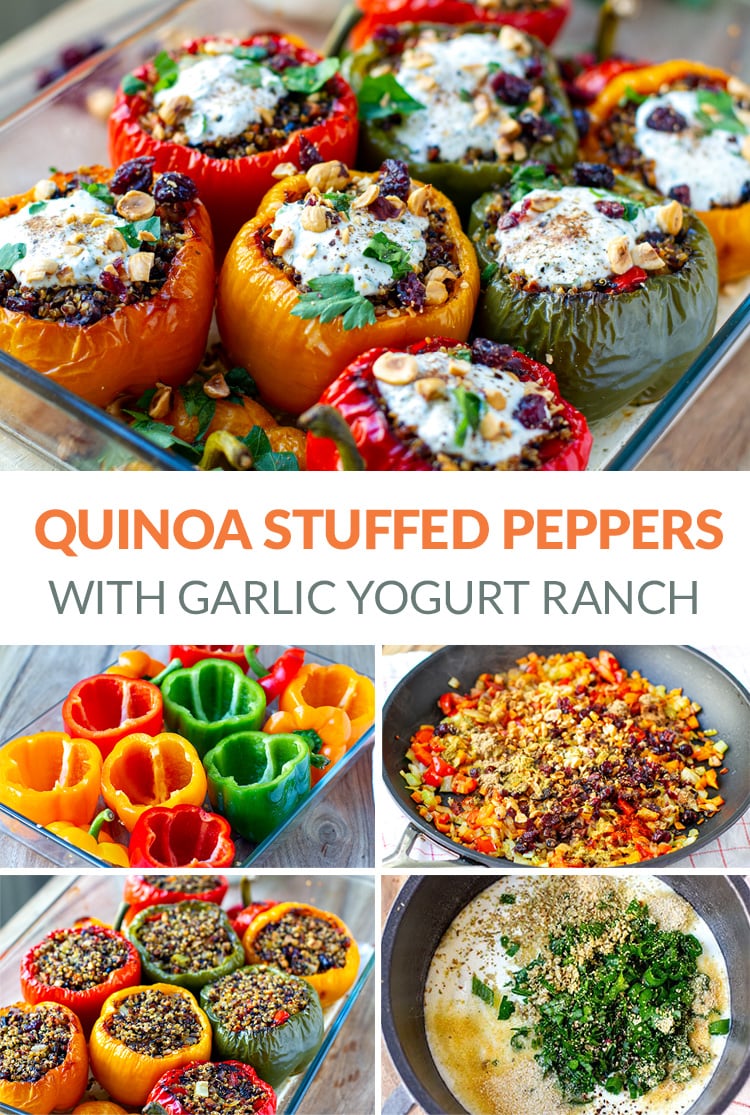 Quinoa Stuffed Peppers with hazelnuts, cranberries and garlic yoghurt ranch