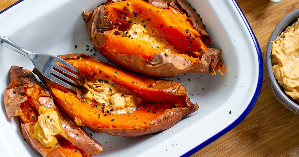 Whole Baked Sweet Potatoes With Miso Butter & Sesame Seeds