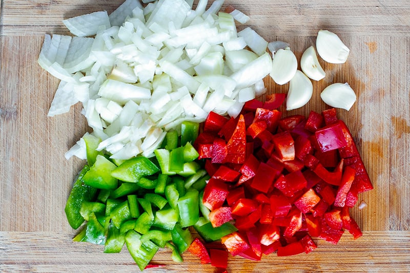 Diced onions, peppers and garlic