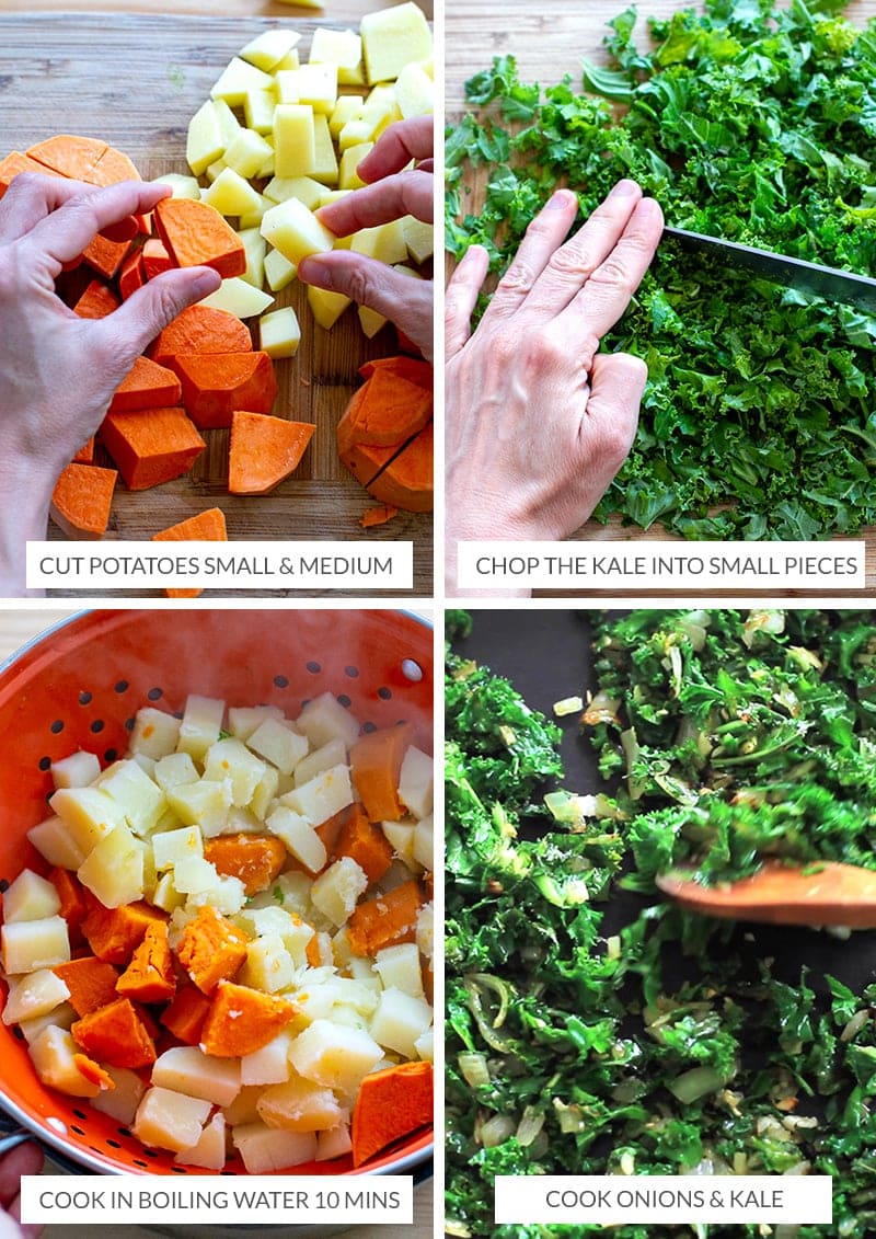 Preparing potatoes and kale for veggie patties