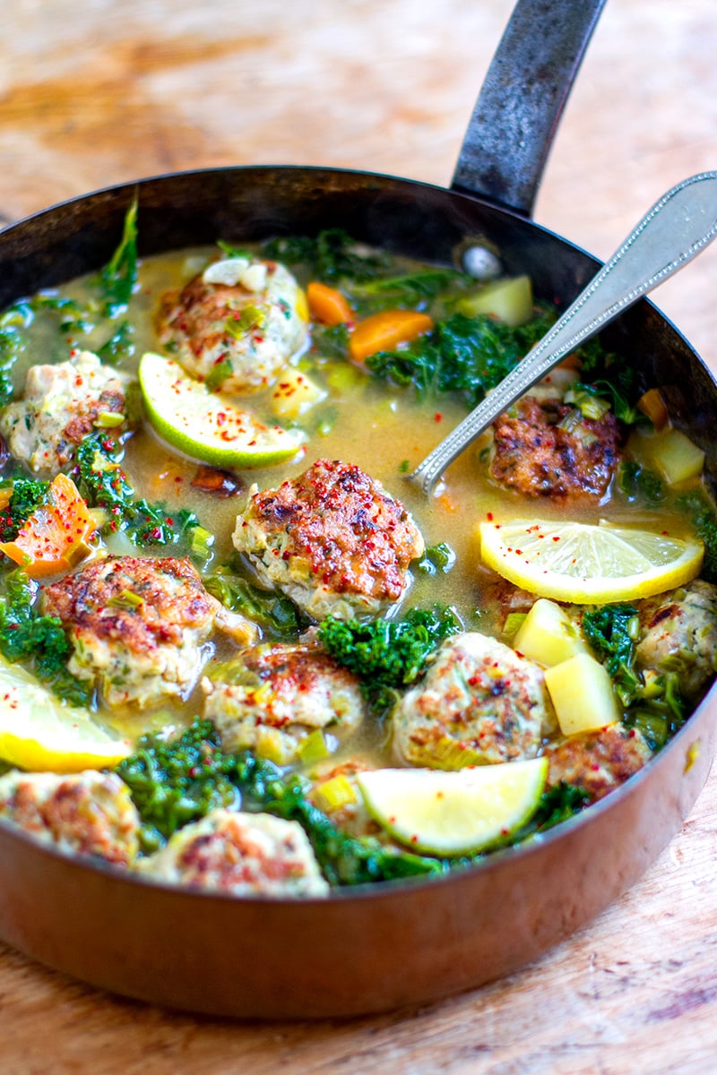 Turkey Meatballs And Kale In Lemon Garlic Broth