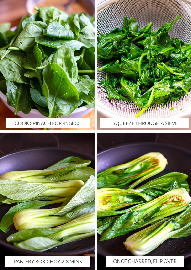 How to prepare leafy greens for Japchae stir-fry