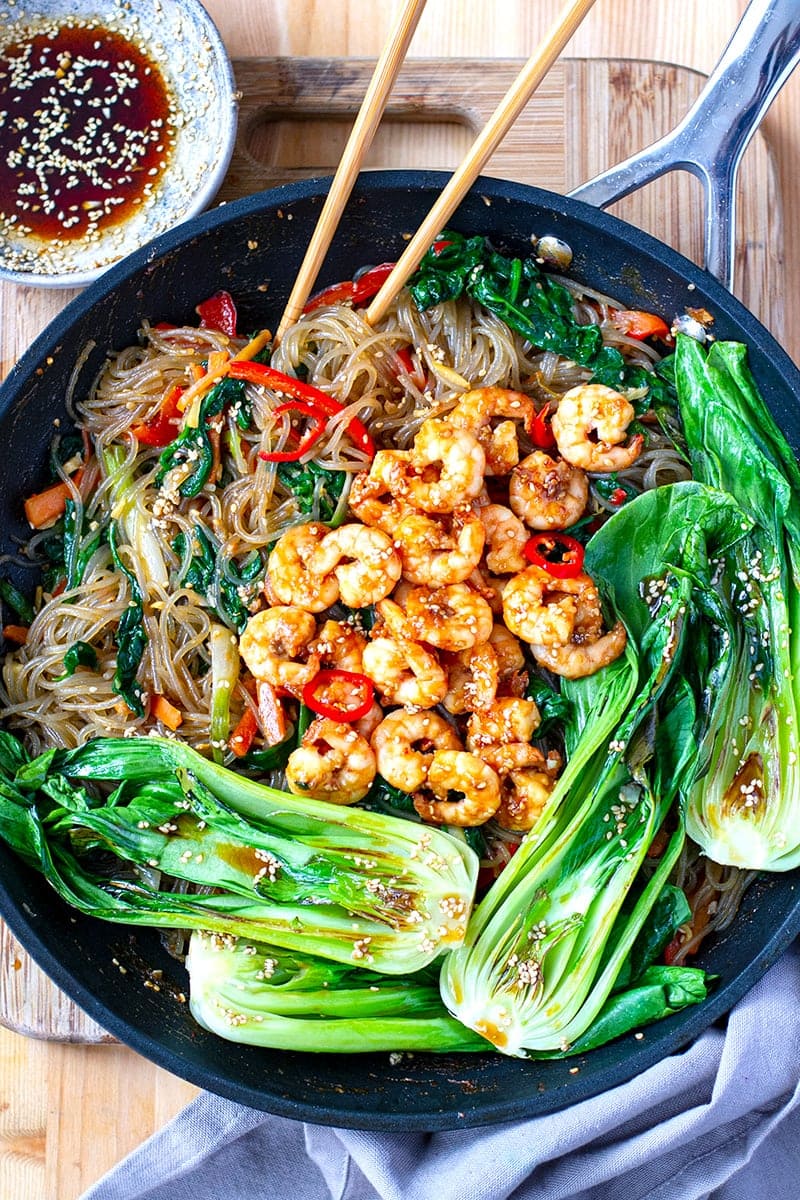 Sweet Potato Glass Noodle Stir-Fry With Shrimp & Bok Choy