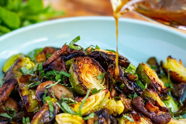Honey balsamic Brussels sprouts roasted and served warm