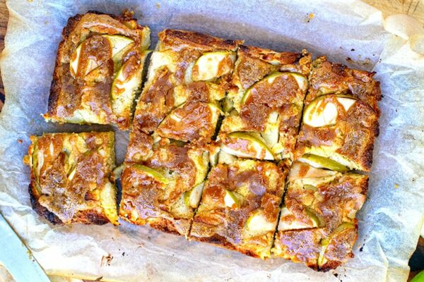 Healthy apple slice with peanut butter drizzle