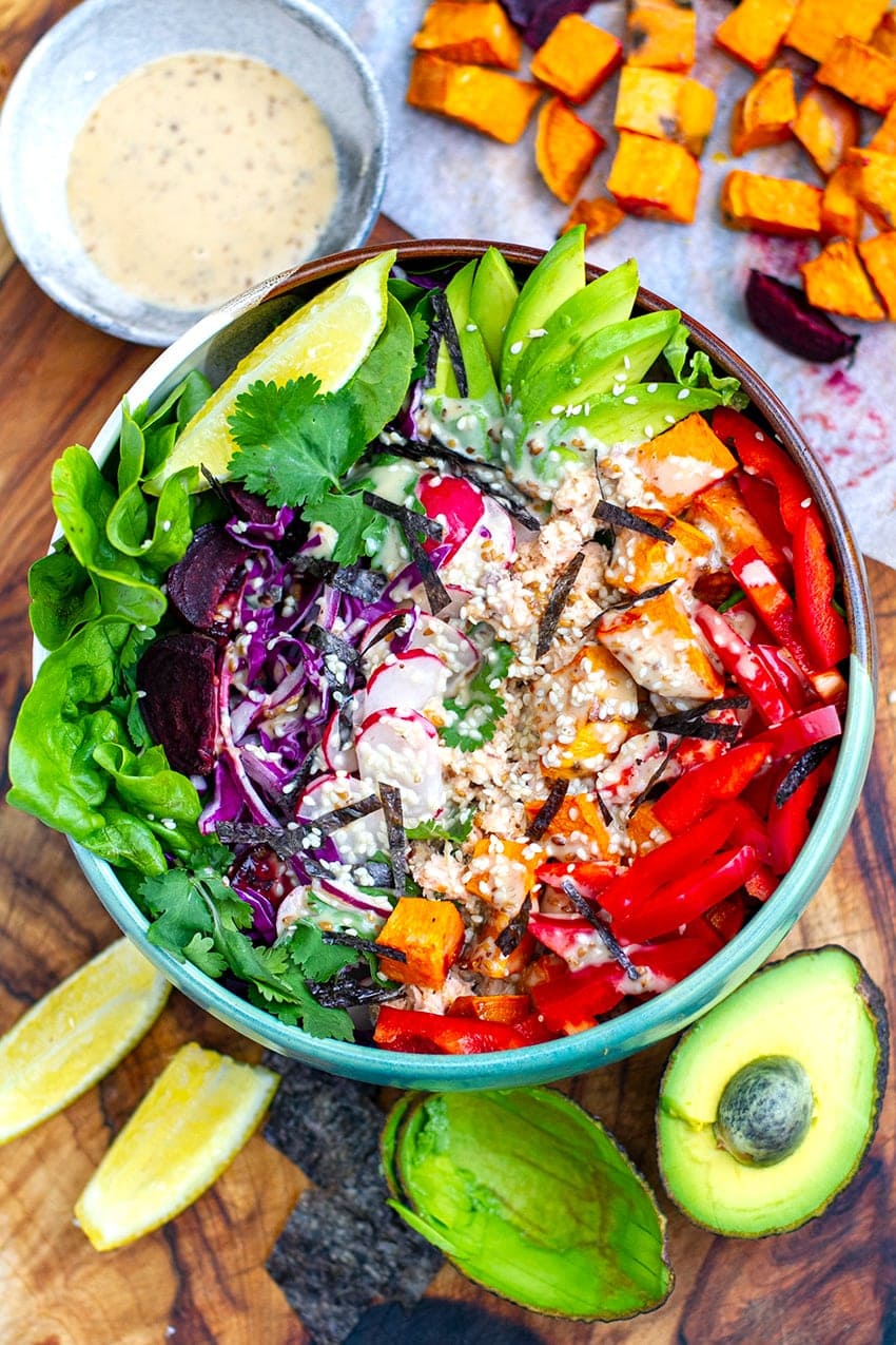 Rainbow Salad Super Bowl With Salmon & Sesame Dressing