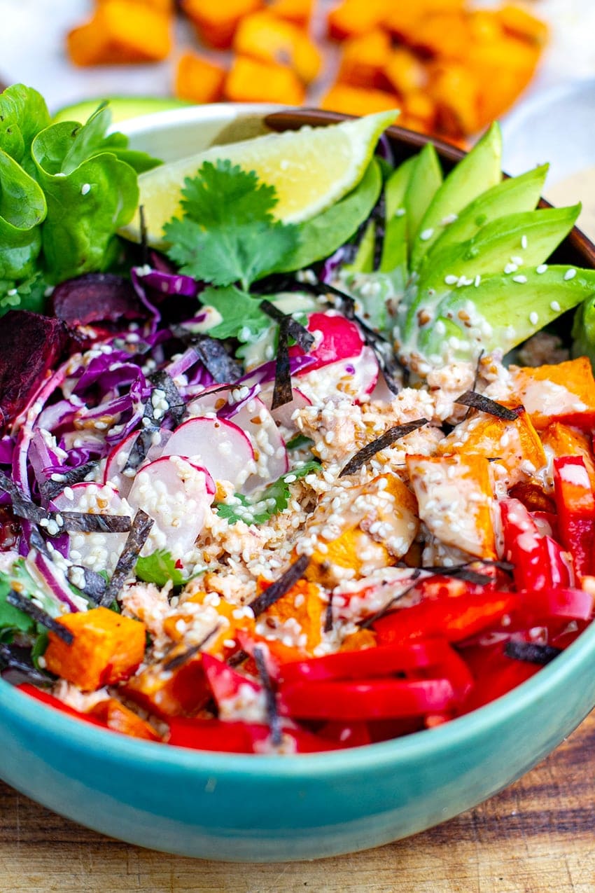 Rainbow Salad Super Bowl With Salmon & Sesame Dressing