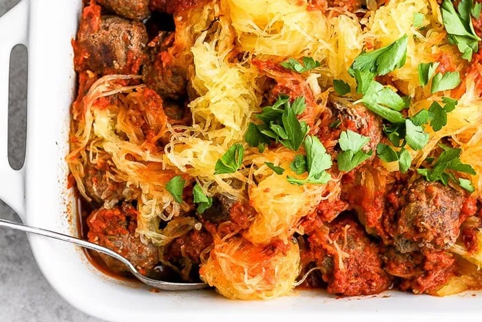 Baked spaghetti squash and meatballs in tomato sauce