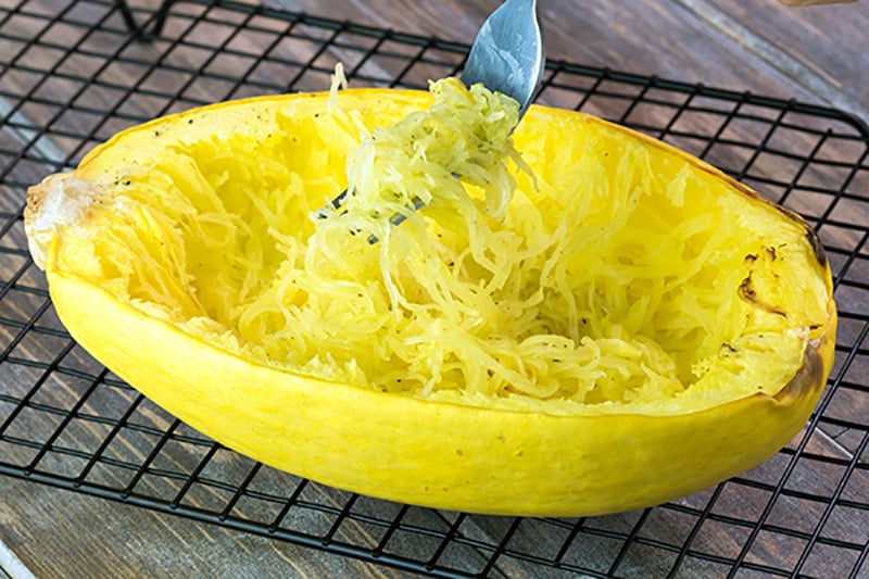 Spaghetti squash noodles with a fork