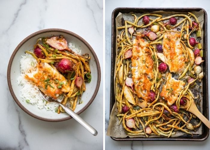 Low fodmap dinner recipes - Baked cod loin with miso red curry sauce and vegetables