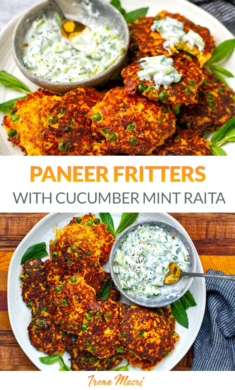 Paneer Fritters With Cucumber Mint Raita (Low-Carb, Vegetarian)