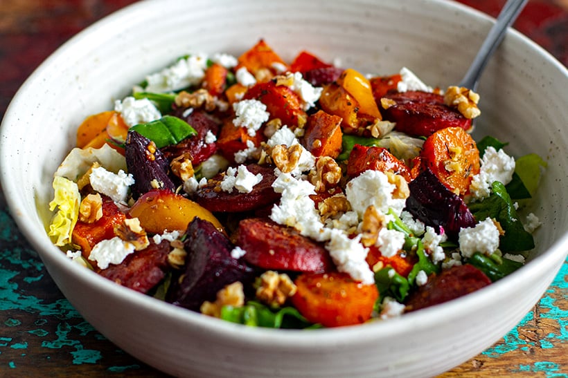 Roasted vegetables and chorizo salad with feta