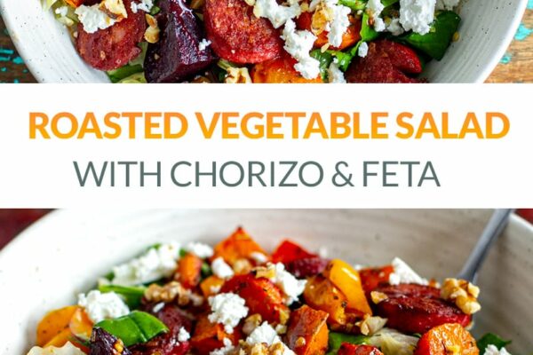Roasted Vegetable Chorizo & Feta Salad With Pomegranate Dressing