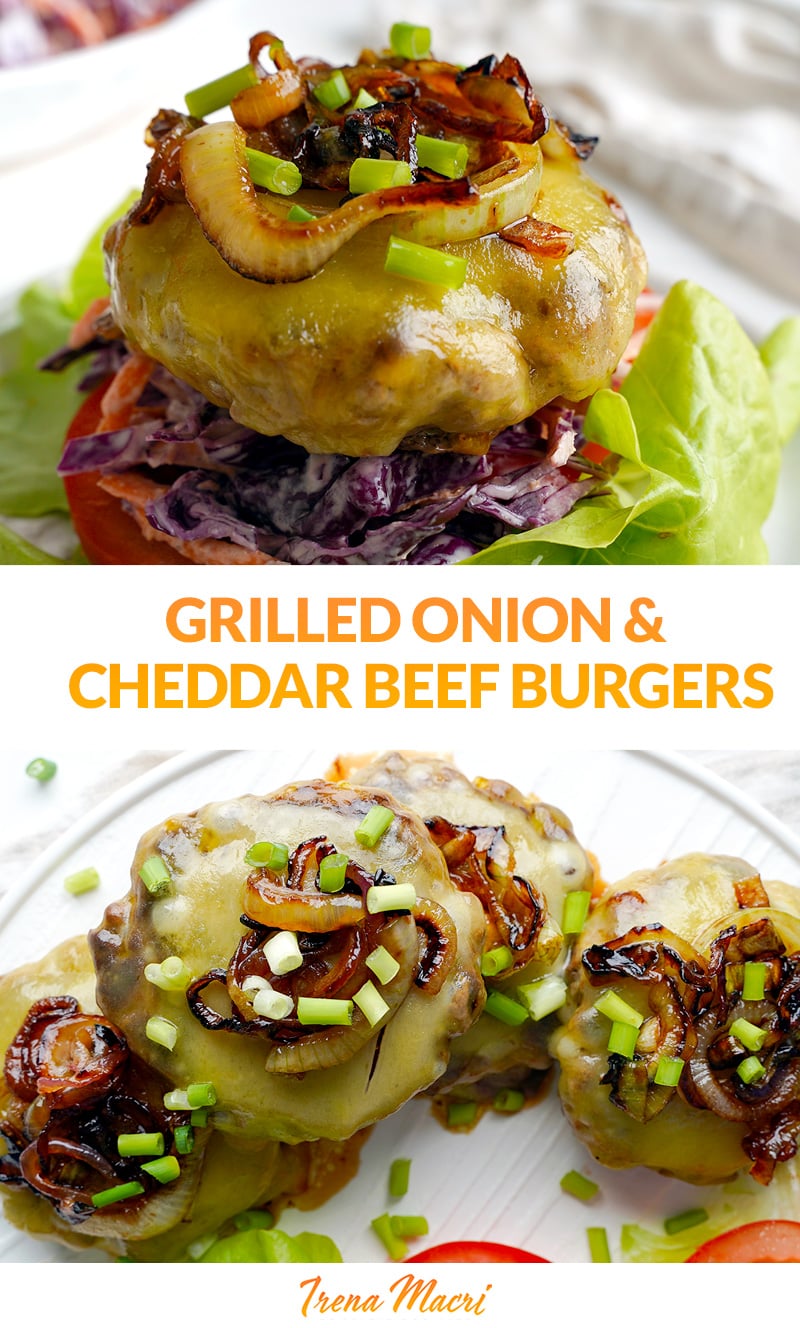 Grilled Onion Cheddar Burger Patties & Red Cabbage Coleslaw