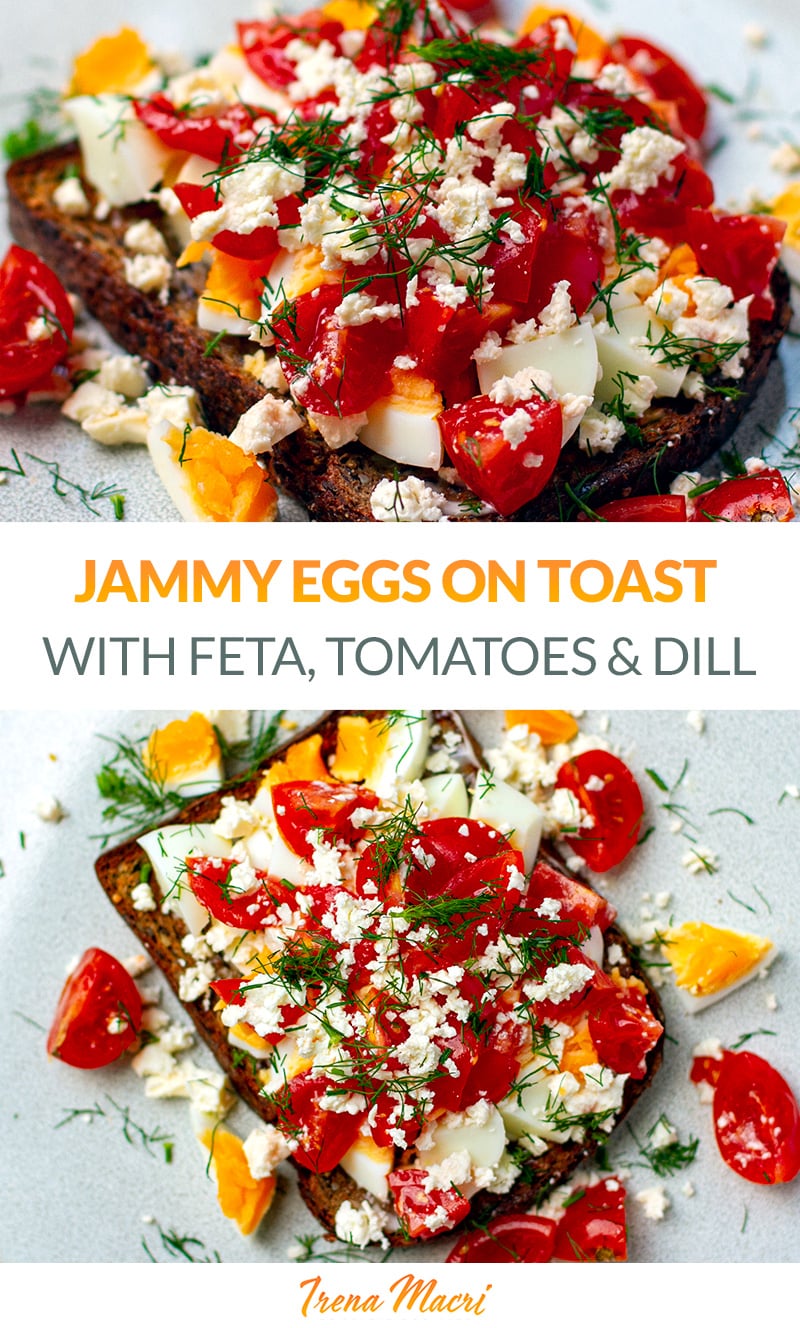 Jammy Eggs On Toast mit Feta-Käse, Tomaten und Dill