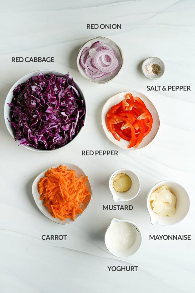 Ingredients for red cabbage coleslaw