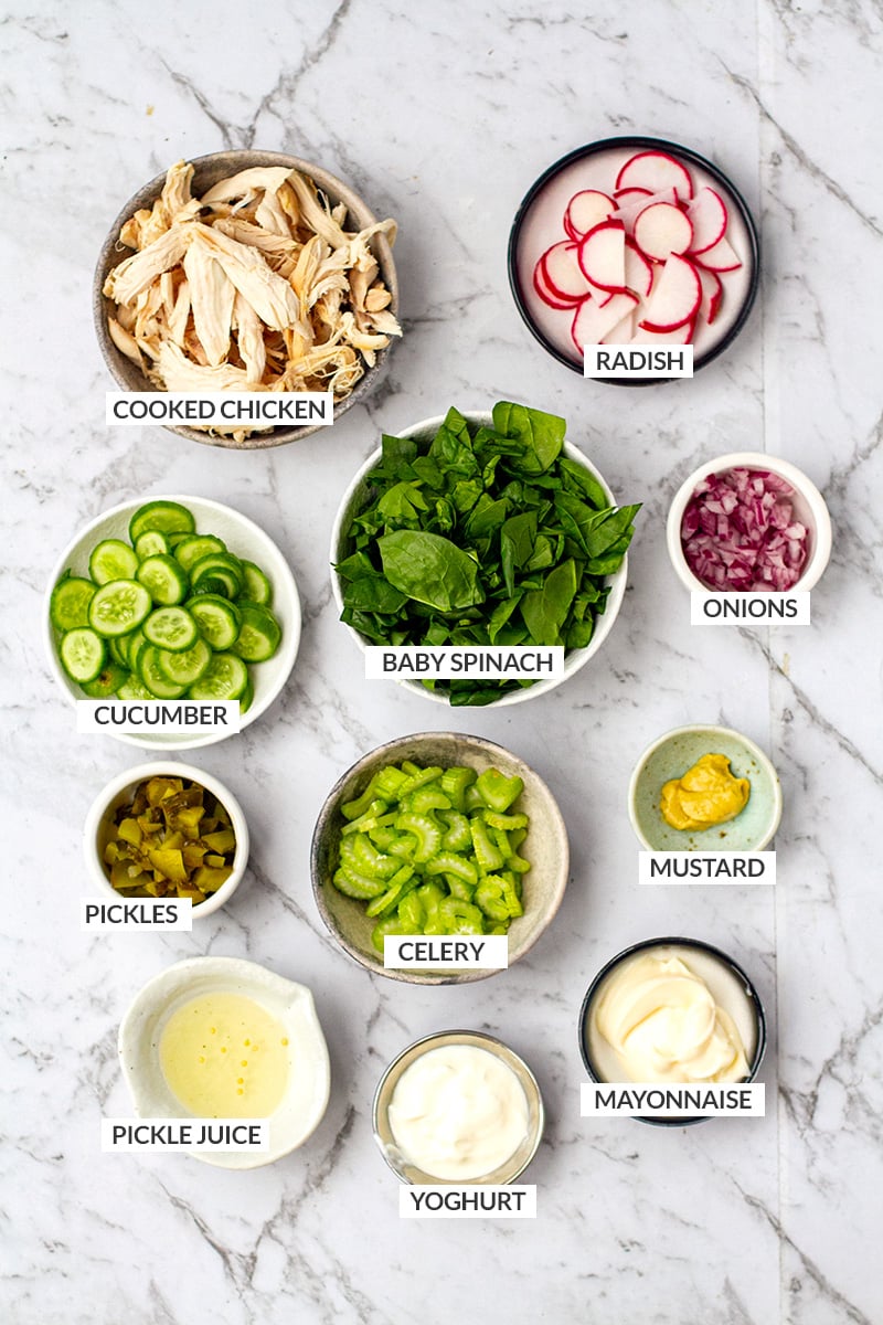Ingredientes de la ensalada de pollo: pollo asado, espinacas tiernas, pepino, rábano, pepinillos, cebollas, mayonesa, mostaza, yogur, jugo de pepinillos