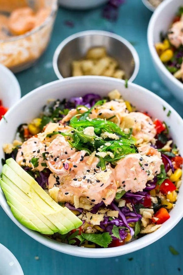 SHRIMP POKE BOWLS WITH CREAMY SRIRACHA SAUCE