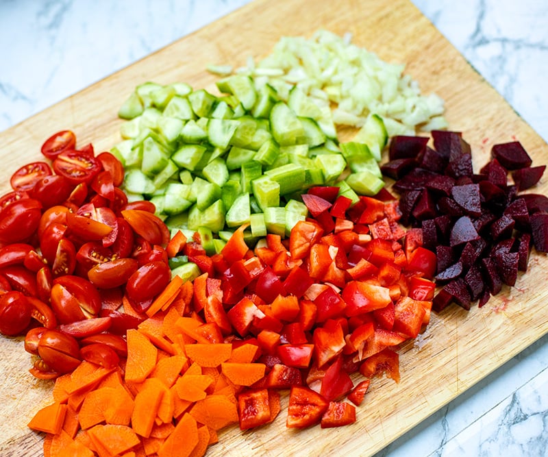 Crunchy vegetables: cucumber, tomato, peppers, beets, carrots